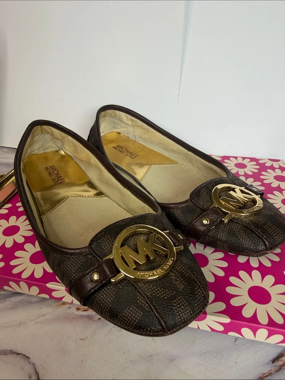 Michael‎ Kors Brown Logo-Print Ballet Flat with Gold MK Emblem